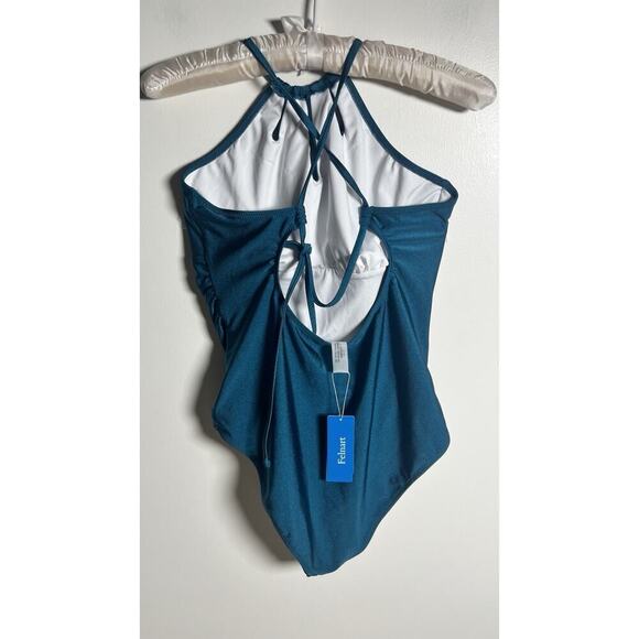 Felnart One Piece Size Large Turquoise Tummy Control Halter neck Swimsuit NEW - Picture 3 of 11